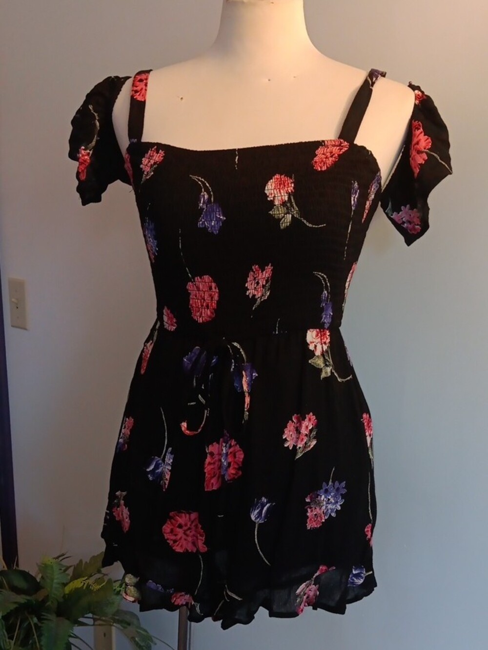 Black Floral Smocked Square Neck Romper with Puff Sleeves